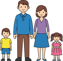 Cartoon nuclear family illustration, smiling parents and children, cheerful character pose, flat vector, cad drawing, stock image, family theme