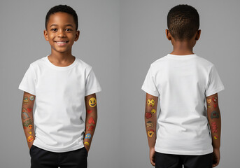 African American kids model wearing white plain t-shirt mockup, front and back views with cartoon tattooed arm