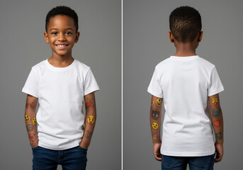 African American kids model wearing white plain t-shirt mockup, front and back views with cartoon tattooed arm