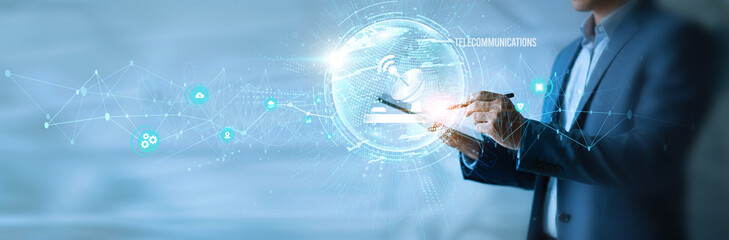 Businessman using tab telecommunications icon with global network. Network infrastructure, connectivity, signal transmission, communication systems, mobile networks
