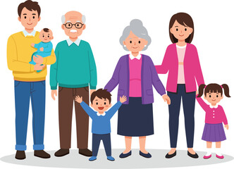 Multigenerational cartoon family portrait, cheerful character group with baby and children, flat vector, cad drawing, stock image, bonding theme