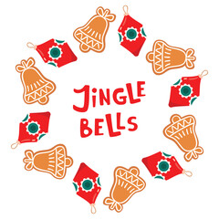 Festive frame with gingerbread bells and Christmas tree decorations. Jingle bells poster with cookie and hand written. Cartoon objects on white background. Vector design in red and brown colors.