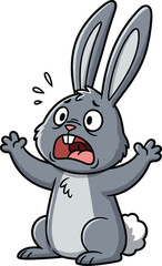 Obraz premium Surprised cartoon rabbit illustration, expressive animal character with raised arms, flat vector, cad drawing, stock image, emotion theme