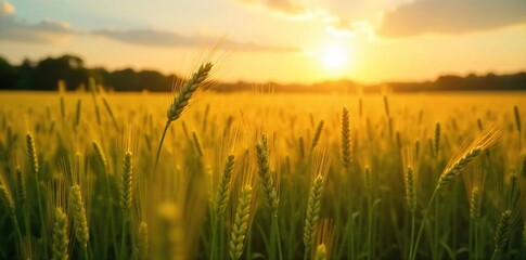 Obraz premium Golden hour sunlight bathes a lush field of ripening wheat, swaying gently in the warm summer breeze A perfect scene of idyllic rural summer agriculture , natural, summer day, growth