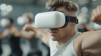 Wide angle shot of fitness studio with multiple people training while wearing smart wearable biometric sensors.