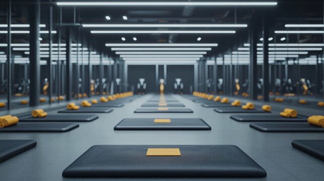 Wide angle shot of fitness studio with multiple people training while wearing smart wearable biometric sensors. - Powered by Adobe