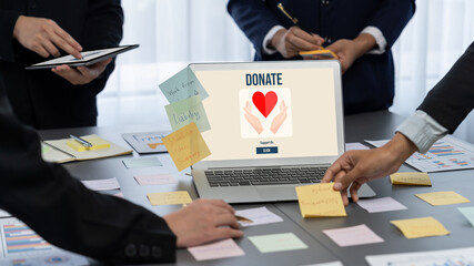 Analyst team use sticky note for creative and analytic brainstorm for business idea with BI data dashboard on laptop screen. Analysis financial data visualization tech for marketing strategy. Prodigy