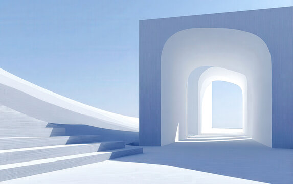 Modern minimalist architectural space with curved stairs and arched doorways