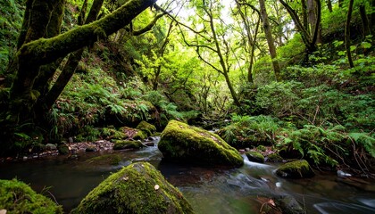 Lush forest stream flowing through mossy rocks