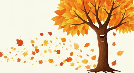 Obraz premium Autumn tree with cheerful expression, colorful leaves swirling