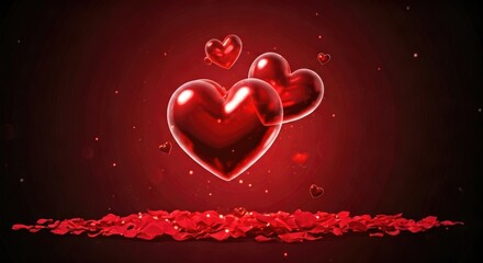 Red hearts floating over rose petals