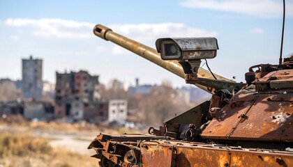 Close-up of a rusty, aged tank gun barrel facing left. A blurred cityscape of war-torn buildings forms the backdrop against a light blue sky with wispy clouds, conveying destruction