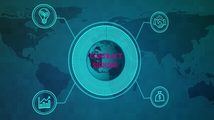 Animated screen with business icons and world map in the background, ideal for corporate presentations and global business reports, showcasing innovation and collaboration. Motion video - Powered by Adobe