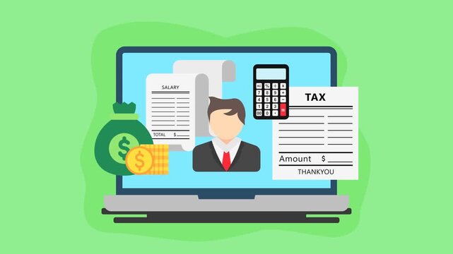 Online Tax Payment, Pay Season, Platforms 2D Objects Animation Flat Cartoon 4K Video. Transparent Alpha Channel. Salary, Calculator, Tax Bill. Animated Icon Editable Green Screen Background.