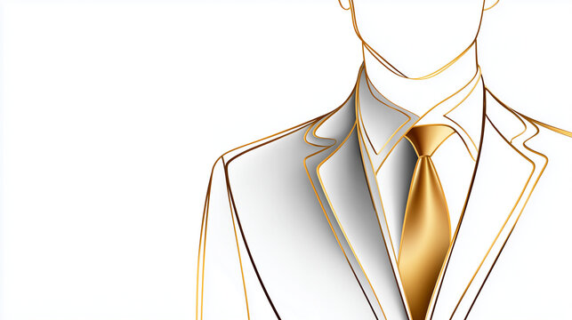 Elegant outline of a man in a suit with gold tie on white background  