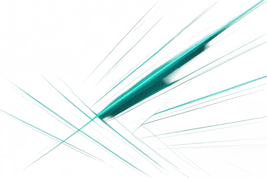 Turquoise laser beams intersecting, generating geometric light patterns against transparent backdrop, representing technological innovation and digital connectivity