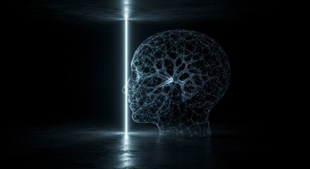 Abstract digital representation of a human head formed by glowing neural network connections illuminated by a bright light beam.