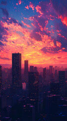 Fototapeta premium Futuristic skyscrapers glowing under vibrant colorful sunset sky high resolution picture