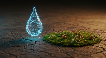 A glowing digital water droplet hovers above cracked dry earth, nurturing a small patch of vibrant green moss.