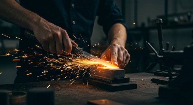 Skilled craftsman sharpens metal tool creating a shower of bright sparks in a dimly lit workshop setting. - Powered by Adobe
