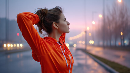 Young woman stretching outdoors in an orange hoodie during twilight  