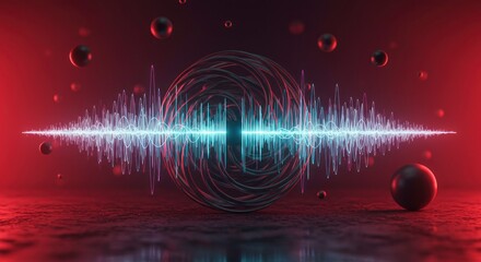 Abstract visualization of sound waves and energy pulsating with glowing light and floating spheres against a dark red background.