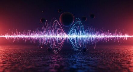 Abstract visualization of sound waves and energy frequencies with glowing particles in a dark futuristic environment.