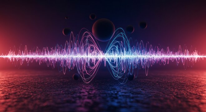 Abstract visualization of sound waves and energy frequencies with glowing particles in a dark futuristic environment. - Powered by Adobe