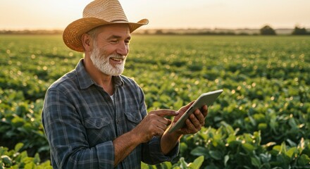 A smiling senior farmer in a straw hat uses a digital tablet to manage his green crops in a sunlit field, embodying modern agricultural efficiency.