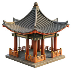 A beautifully crafted traditional chinese gazebo with intricate details and a unique roof design isolated on transparent background