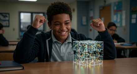 A young student celebrates with excitement while looking at a glowing futuristic cube in a classroom setting.