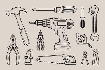 Set of hand tools and power tools artistic line drawing for diy home improvement and construction projects