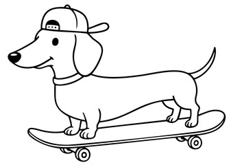 Cool dachshund dog riding skateboard with cap, funny stylish puppy character, extreme sport