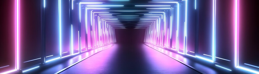 A vibrant neon tunnel, showcasing a futuristic path illuminated by vibrant pink and blue hues.