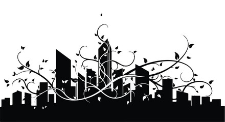 Obraz premium Organic city skyline with vines and leaves creating a natural, sustainable urban landscape.