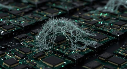 Intricate digital network structure emerges from a surface of interconnected microchips, symbolizing advanced technology.