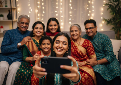 indian family taking selfie during ganesh chaturthi celebration. smiling faces in traditional attire with festive lights in background. hindu festival, cultural event. greeting card, poster.
