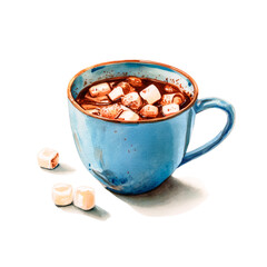 Cozy watercolor illustration of hot chocolate with marshmallows in a blue mug, isolated on white