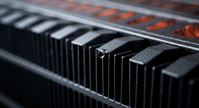 Close-up view of a powerful computer processor heatsink with orange glowing elements indicating high performance. - Powered by Adobe
