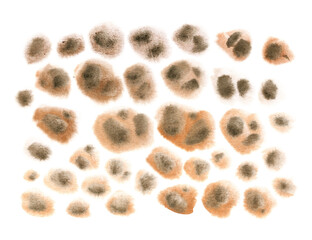 Abstract animal leopard fur print watercolor isolated elements background. The color splashing on the paper. Hand drawn. Illustration Abstraction design, template. Wallpaper, fabric poster