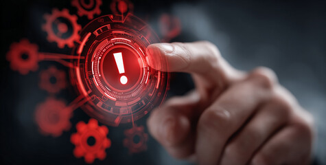 Red tech interface glows; hand activates exclamation point. Use for tech illustrations, IT security posters, UX design.