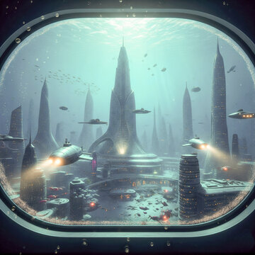 Fototapeta futuristic underwater city seen from a porthole