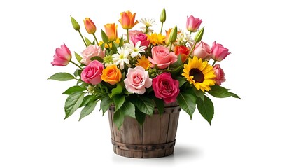 Naklejka premium A Vibrant Springtime Bouquet of Fresh Flowers in a Rustic Wooden Bucket Perfect for Any Occasion