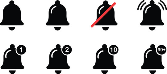 Notification bell icon set isolated on white background for social media reminder alert 