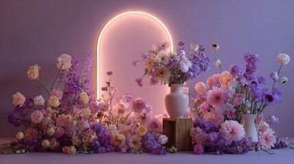 Floral arrangement with pink and purple hues, highlighted by a glowing arch