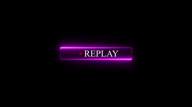 Neon purple replay button with red dot on black background glowing