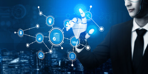 A futuristic scene showcasing a robot hand interacting with digital interfaces displaying graphs and data in a corporate setting, symbolizing technology impact on business. Tessel