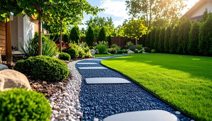 Lush garden path winding through manicured landscaping