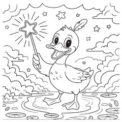 Cute Duck Coloring Pages with Black
 and white vector illustration