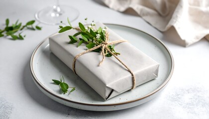 Gift-wrapped present on a plate